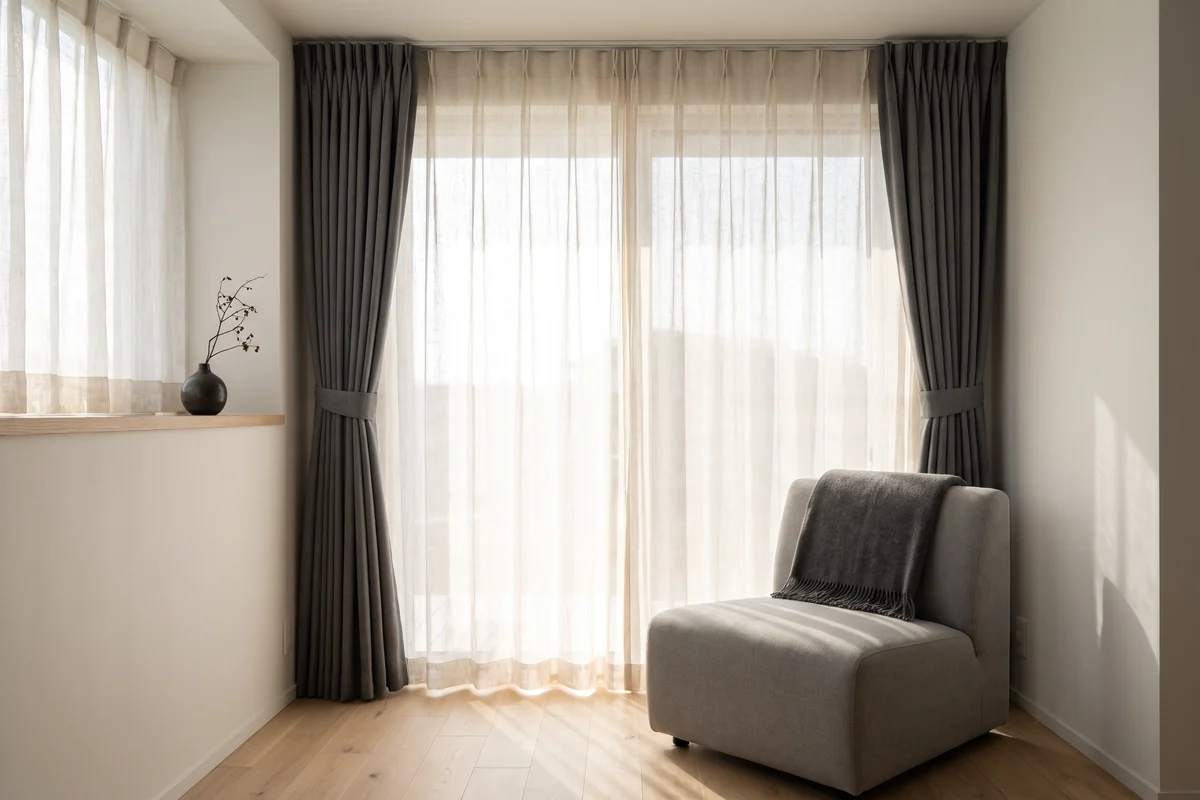 Living room with layered sheer and blockout window treatments