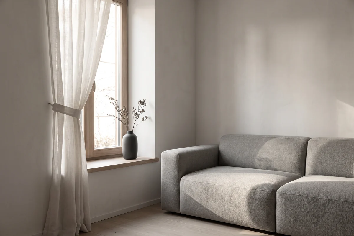 Living room window dressed with light curtains beside a sofa