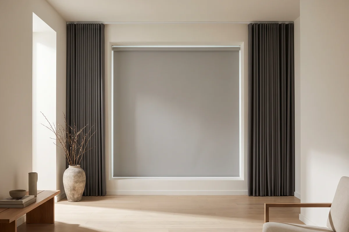 A living room with a roller blind fitted in one reveal and floor-length curtains at the opening beside it