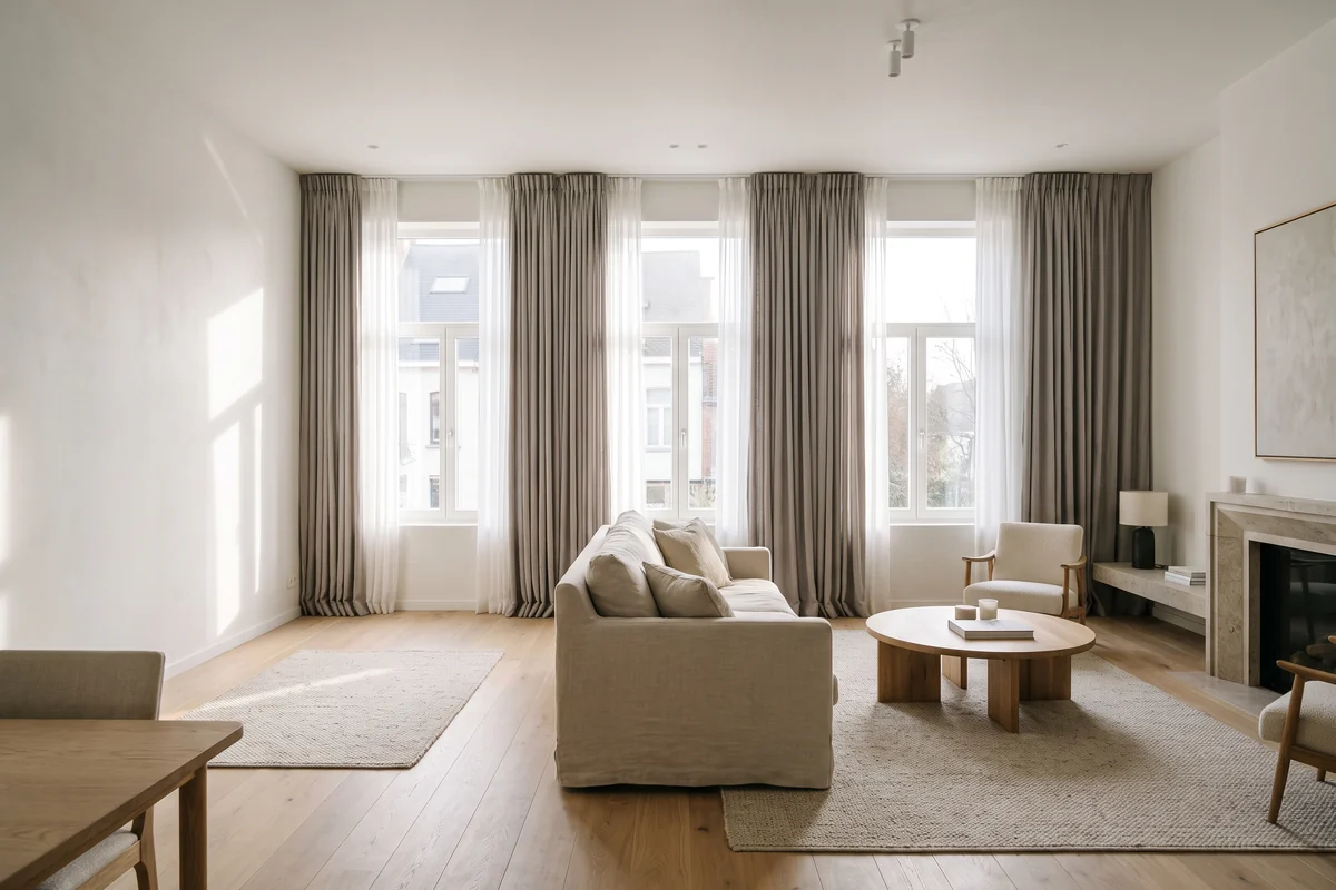 Layered sheers and drapes across several windows in a modern living room