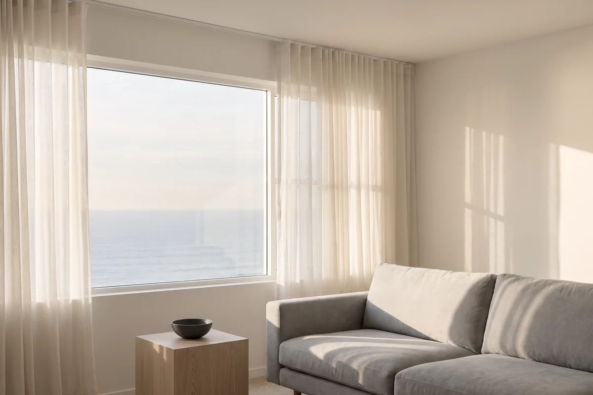Living room with custom window furnishings and an ocean outlook