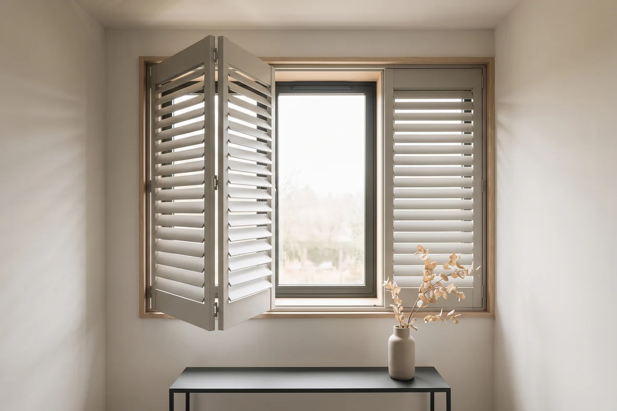 A louvred shutter panel hinged open away from the glass beside a closed panel