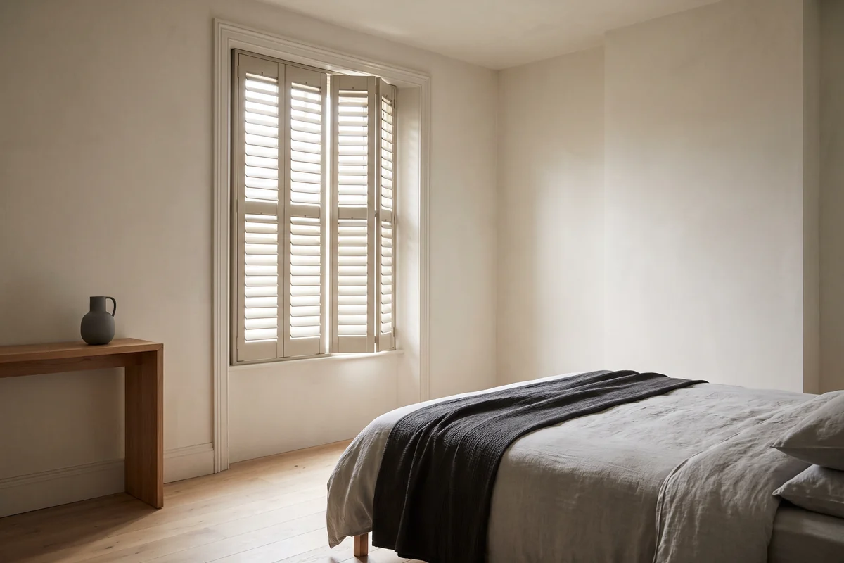 Bedroom window fitted with shutters rather than curtains beside a made bed