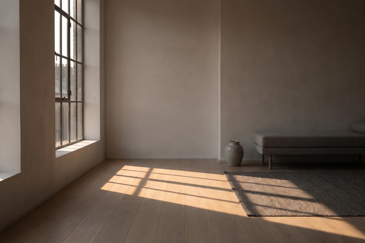 Low afternoon sun striking a large window and casting long shadows across a room