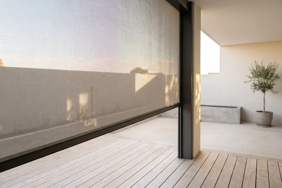 A mesh outdoor screen blind shading a terrace in afternoon daylight