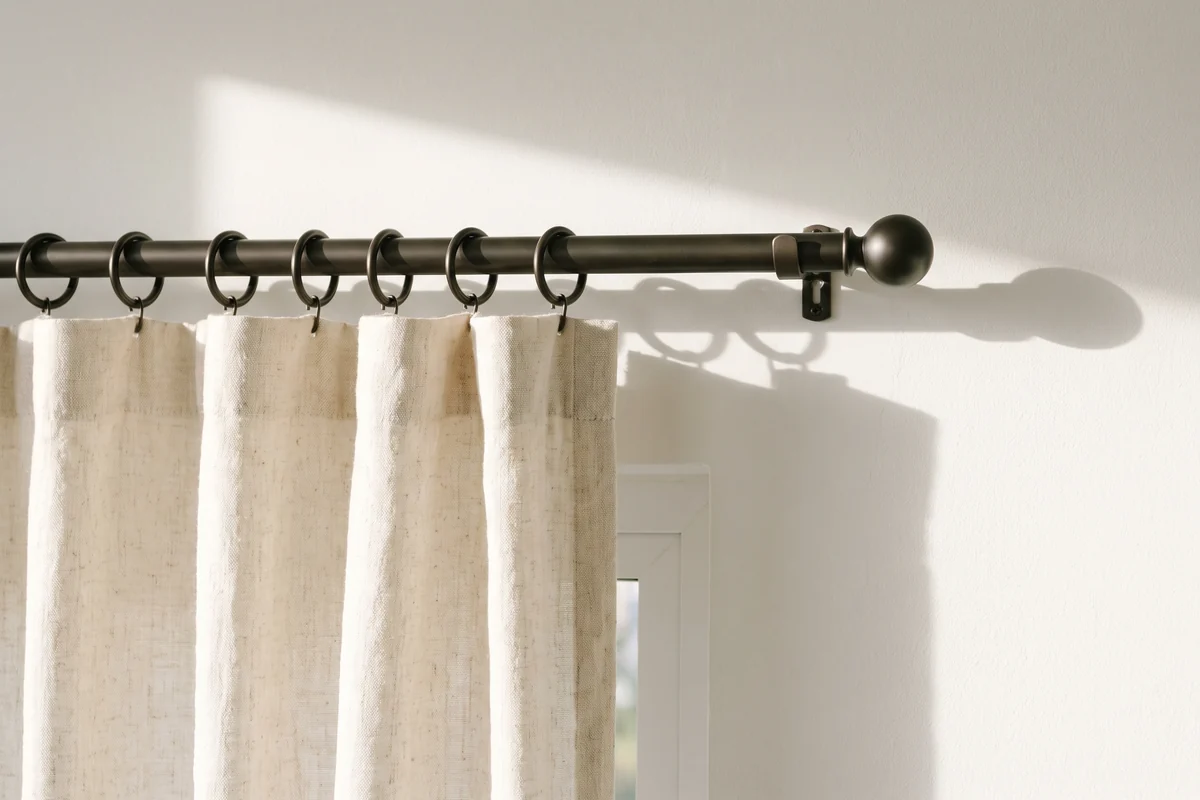 A metal curtain rod carrying rings, with a ball finial and wall bracket, above a window
