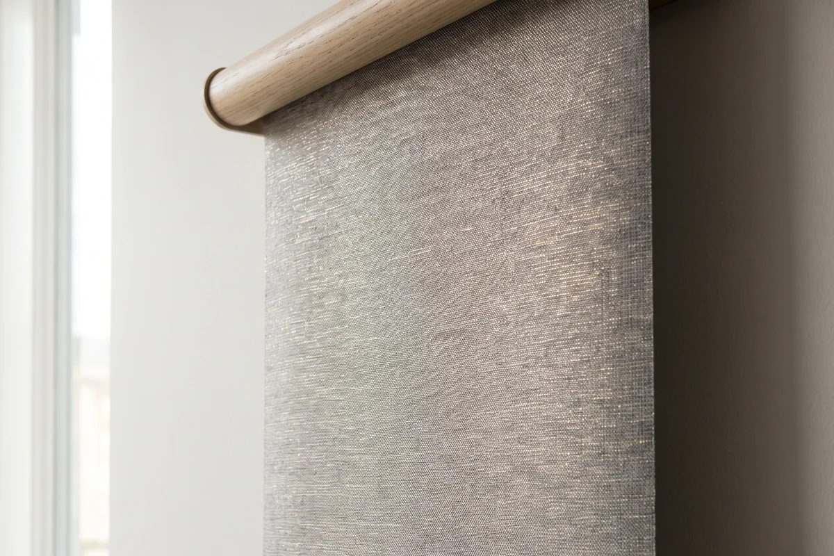 The reverse face of a metallised roller blind fabric, the aluminium backing catching daylight