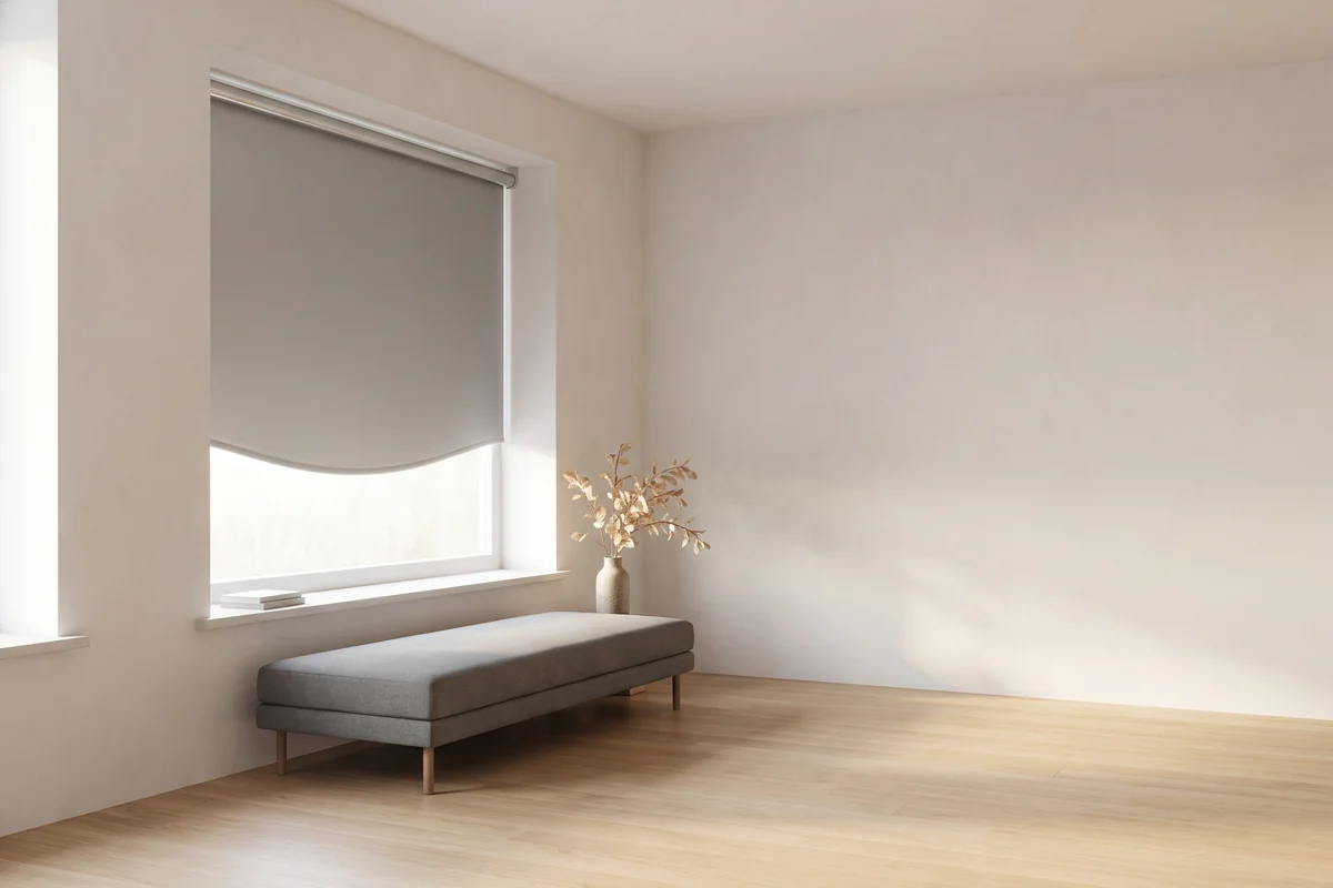A metallised roller blind lowered across a sunlit living room window