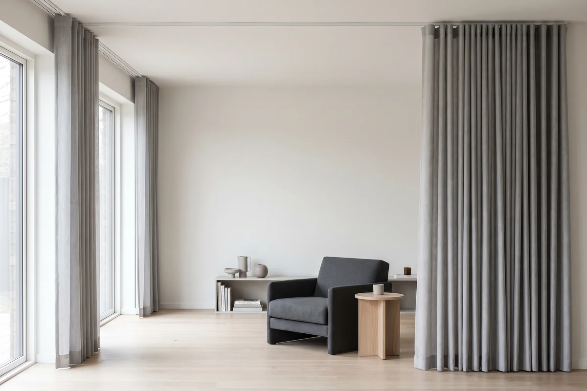 Full-height modern curtains falling in even wave folds from a ceiling-fixed track in a living room