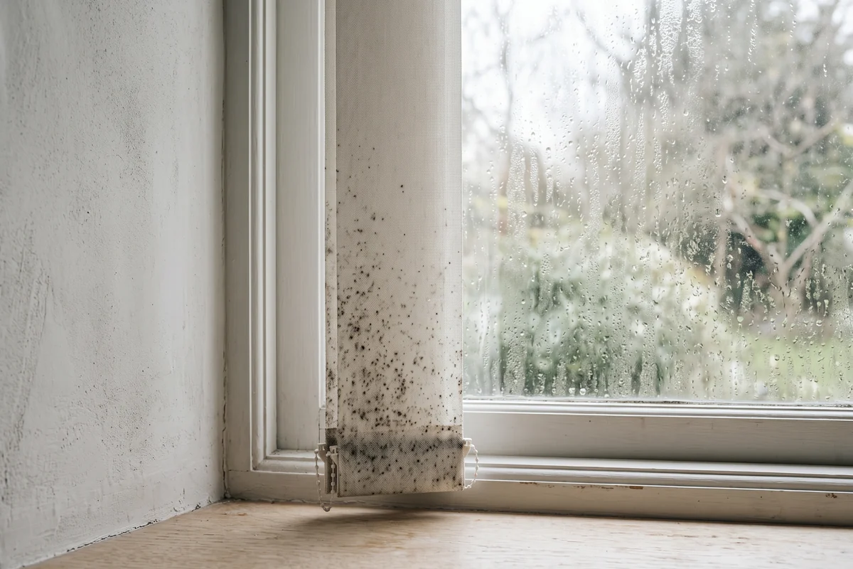 Dark mould speckling along the bottom edge of a vertical blind slat