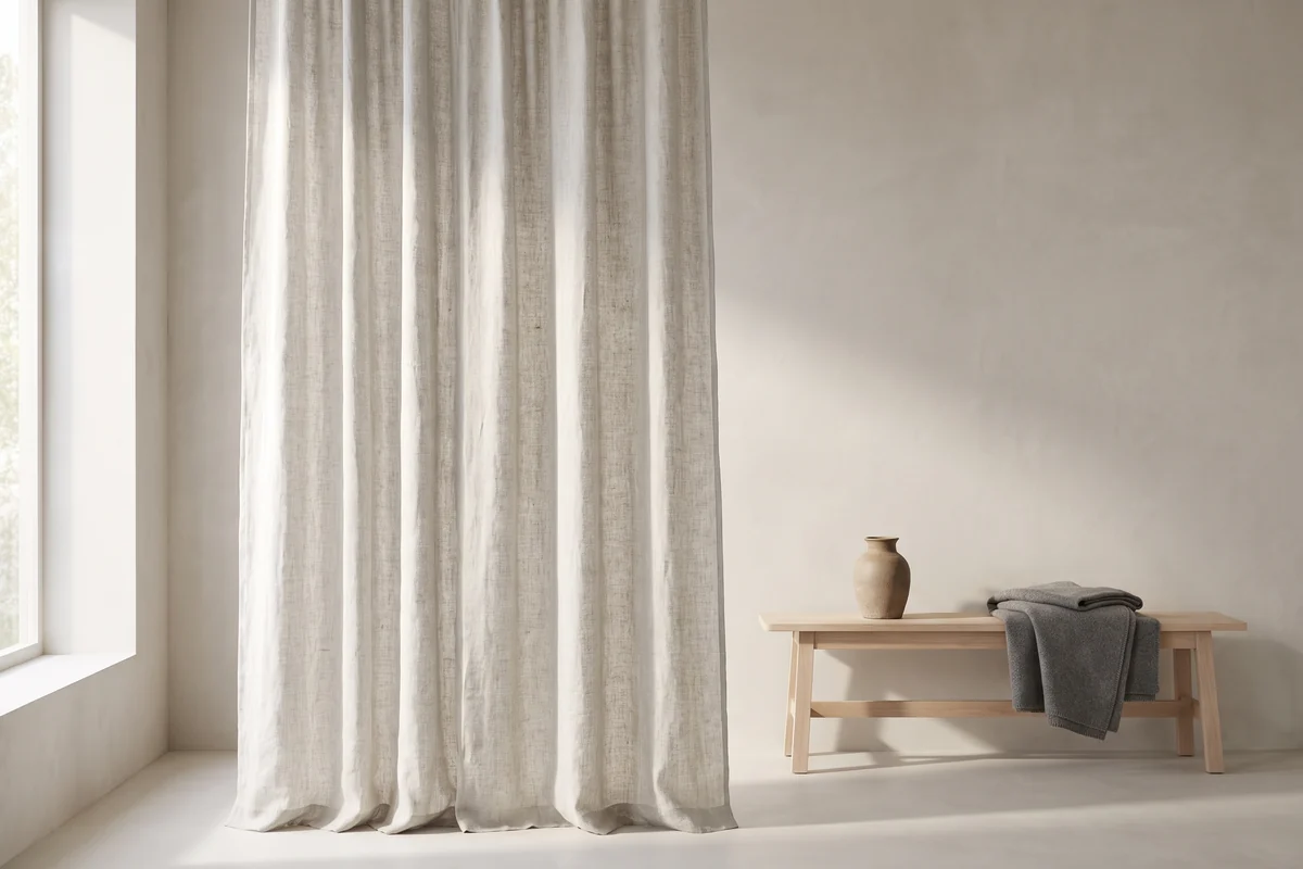 Neutral linen curtains in a living room, the texture of the weave visible in raking daylight