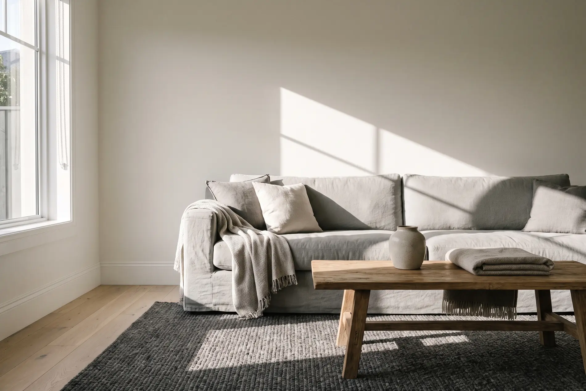 Neutral living room styled with soft textiles and natural light