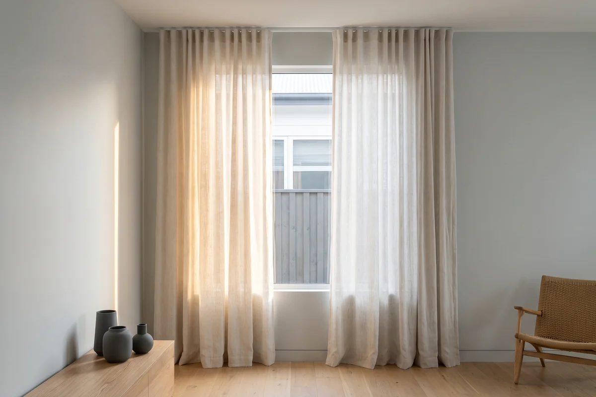 Full-height curtains beside a north-facing living room window in mid-morning daylight