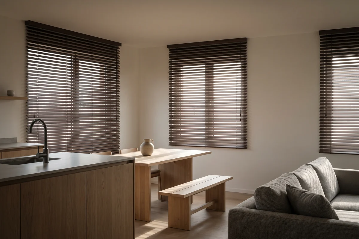 Open-plan kitchen and living space with dark venetian blinds on the windows