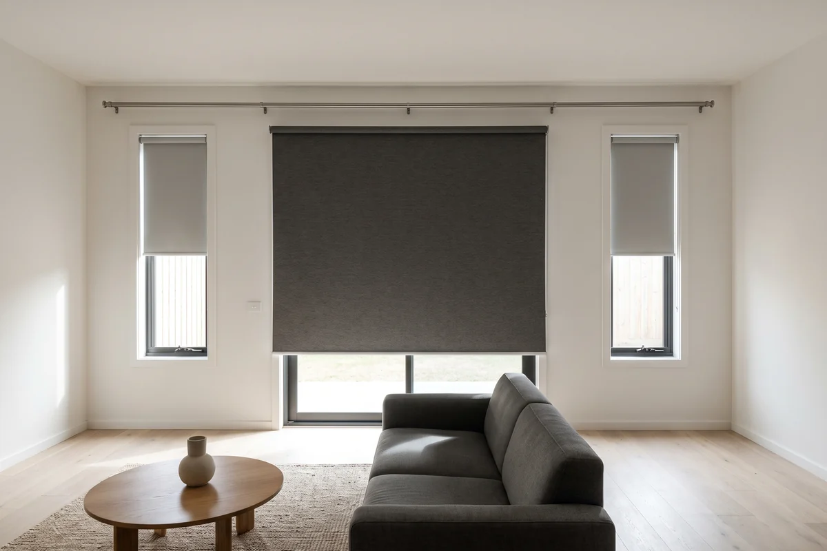 An open-plan living room with blinds across a wide stacker door and two side windows