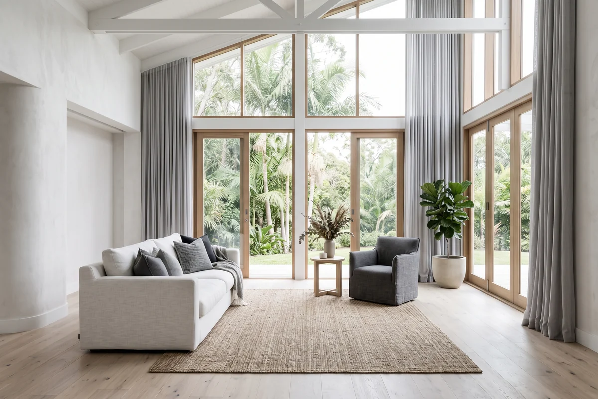 Open-plan Queensland living room with tall windows and high ceilings