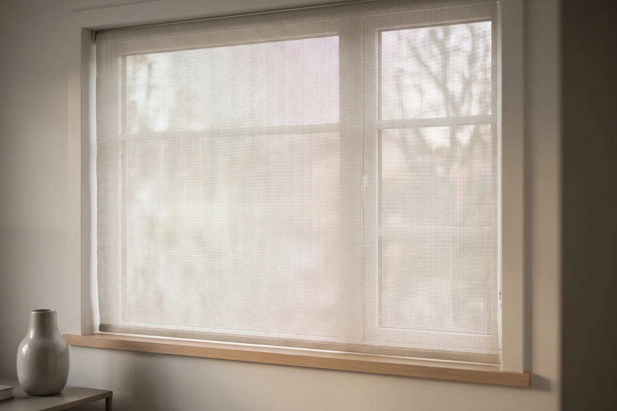 Close detail of a sunscreen blind fabric with daylight passing through the weave