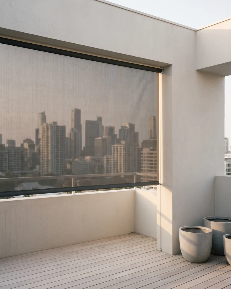 An outdoor blind fitted to an apartment balcony