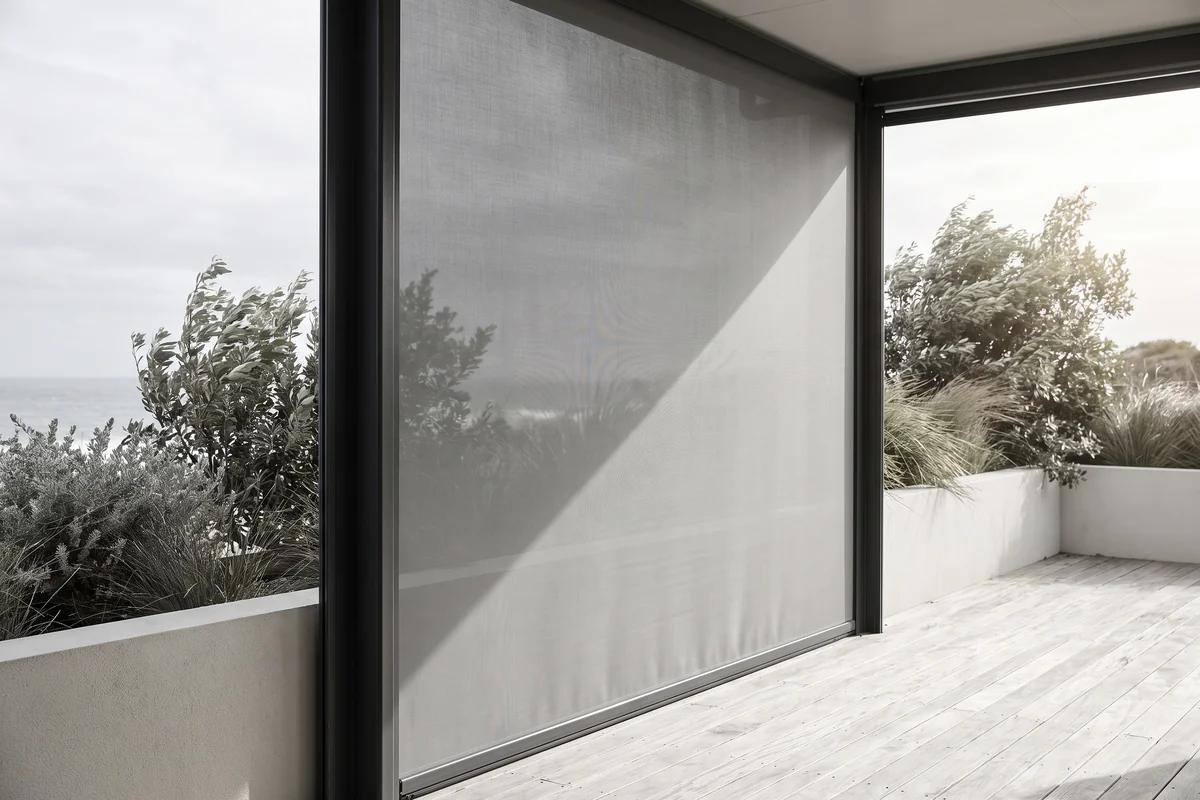 An outdoor blind on a coastal patio in windy conditions
