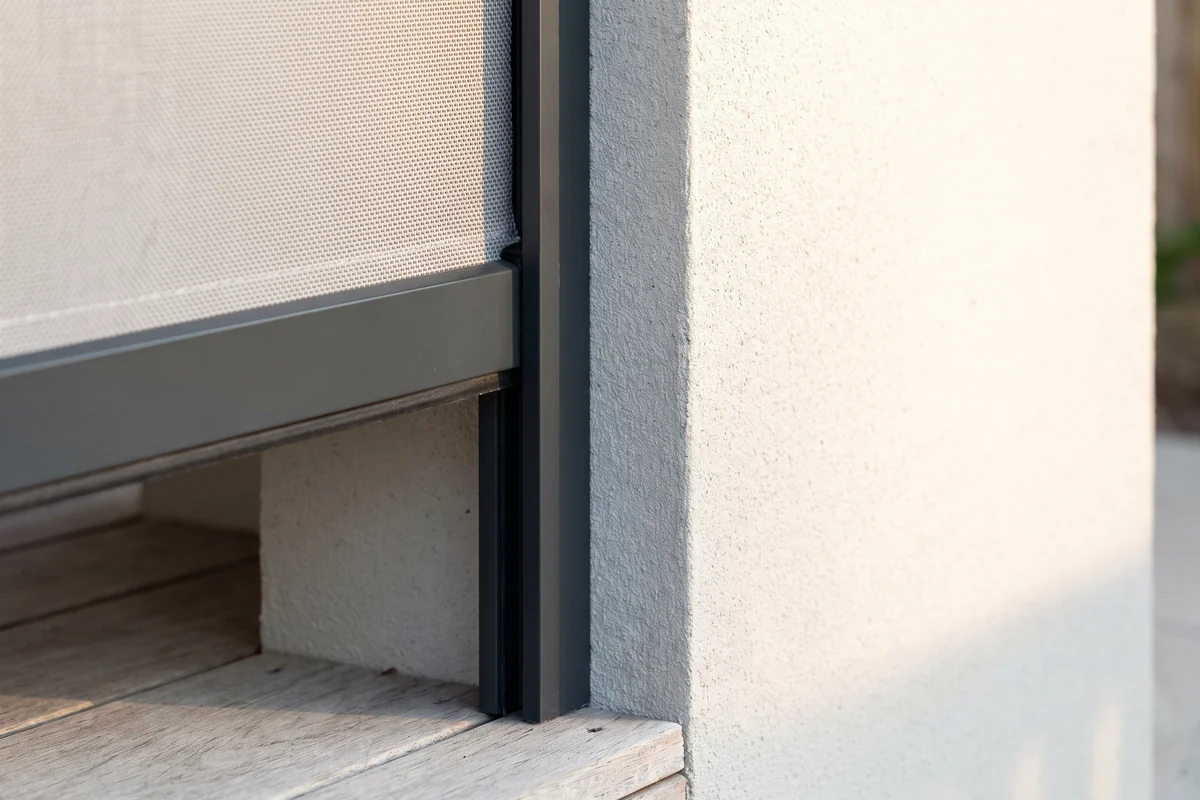 The aluminium side channel of an outdoor blind with the fabric edge running inside it