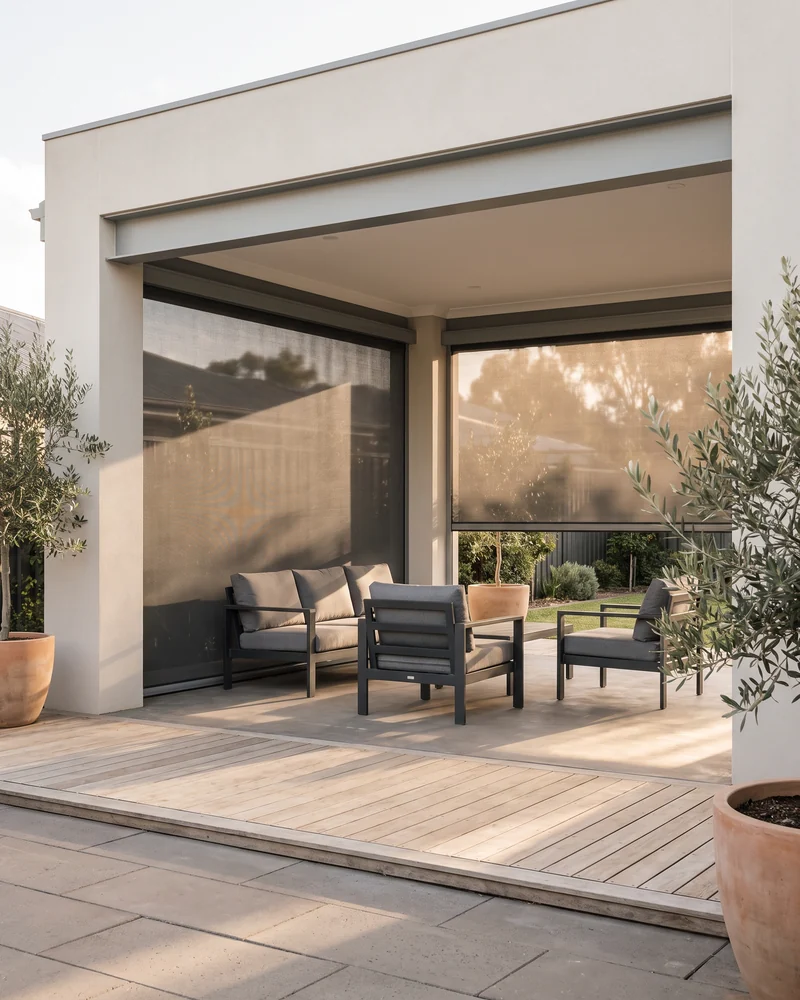 Outdoor blinds enclosing an alfresco living area