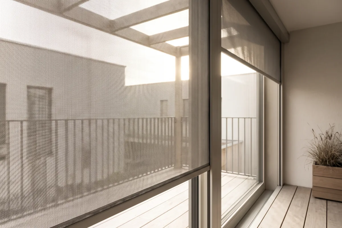 Afternoon light falling across the weave of an outdoor blind mesh