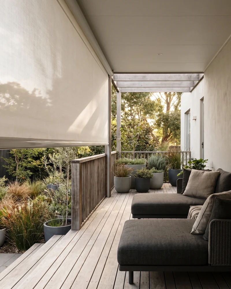 Outdoor screen shading a timber deck with lounge seating