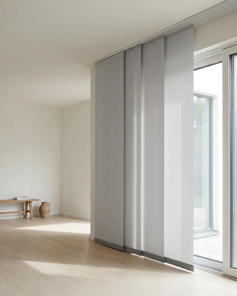 Wide flat panel glide blinds stacked on a top track beside a sliding glass door