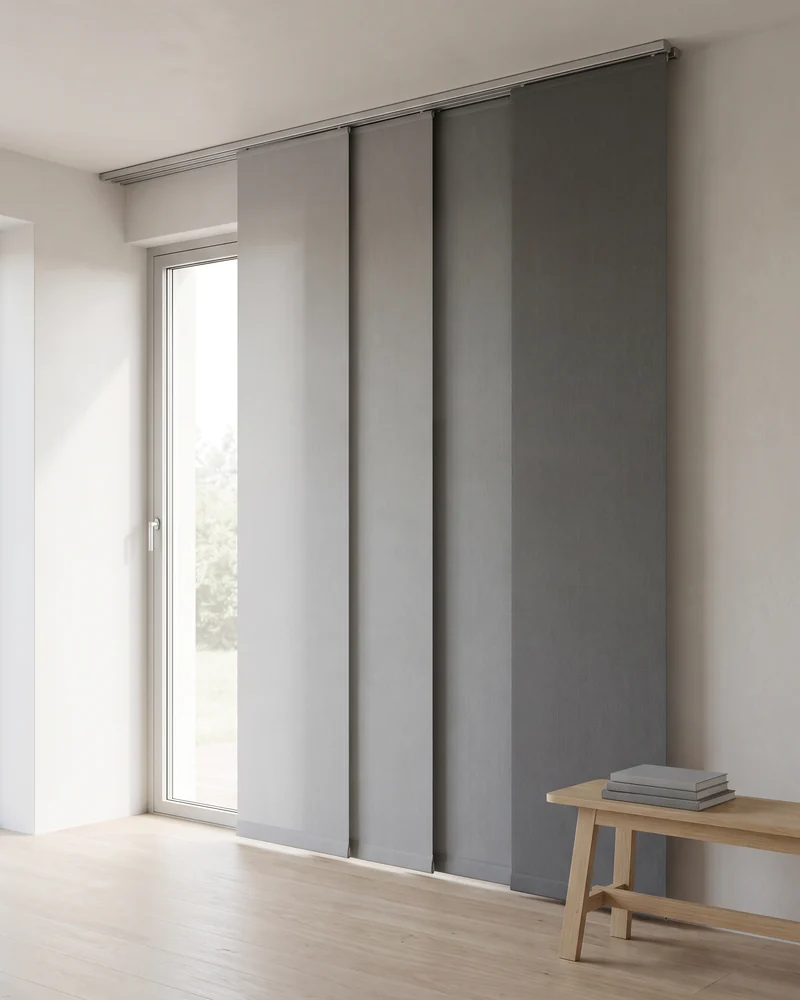 Panel glide blinds drawn across a sliding door on a multi-channel top track