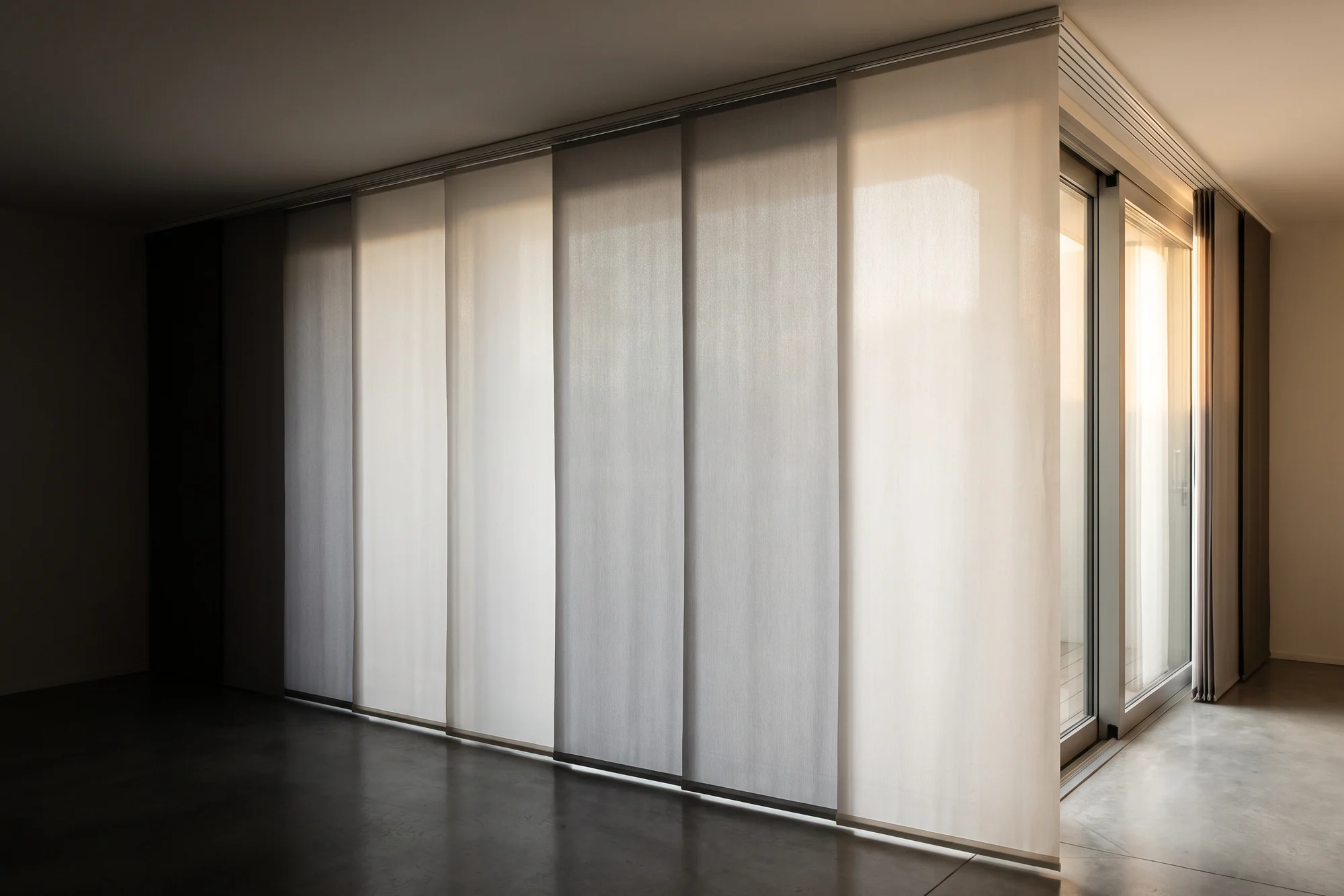 Panel glide blinds drawn across a wide sliding door in a living room