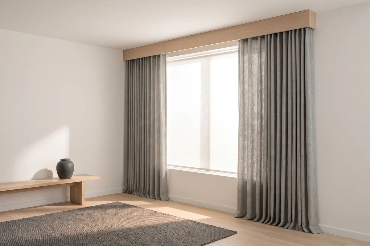 Floor-length curtains running from a capped pelmet down to the floor