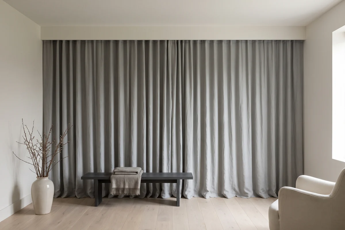 Curtains closed wall to wall beneath a capped pelmet, the fabric returning to the wall at each side