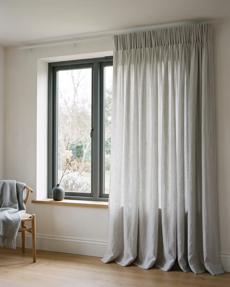 Pencil pleat curtains gathered at a window