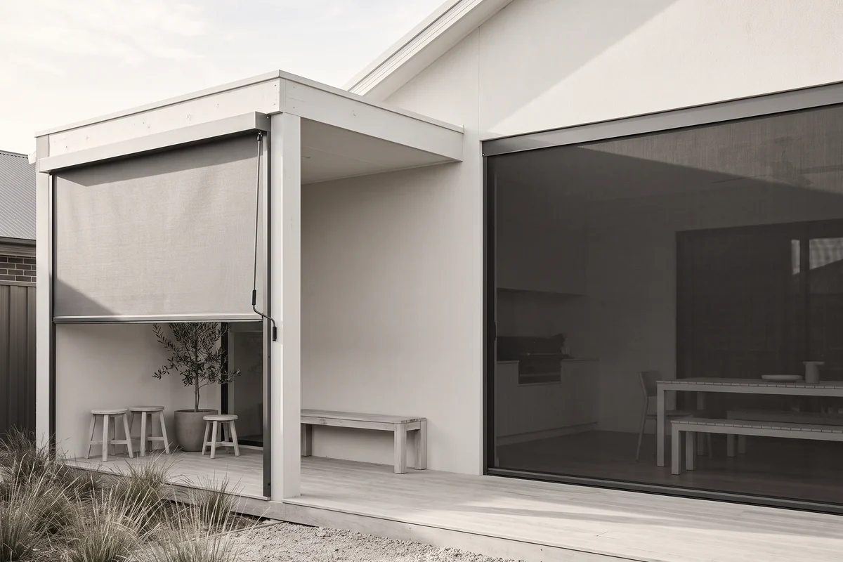 A manual outdoor blind half lowered over a small covered patio, beside a wide mesh screen closing a much larger opening