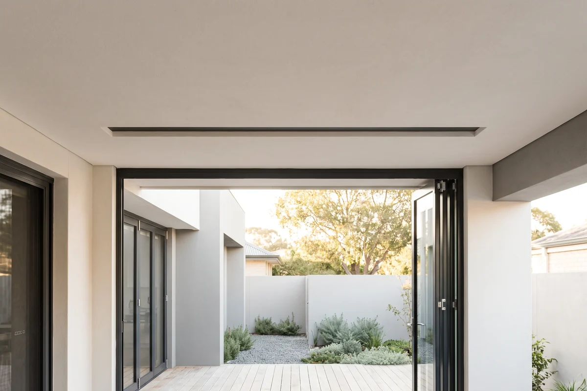 A slot recessed into the ceiling above open bi-fold doors, the only sign of a retracted screen