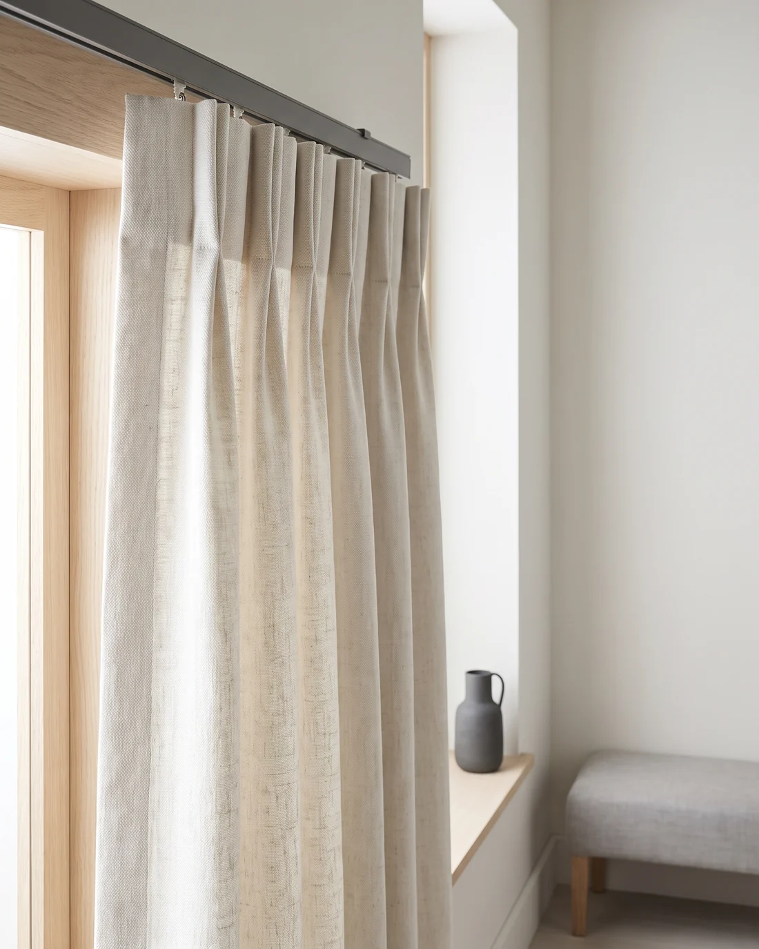 Close detail of a pinch pleat heading at the top of a curtain
