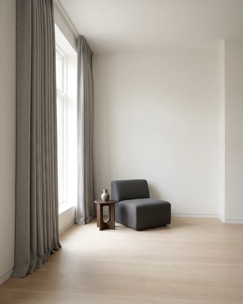 Pinch pleat curtains hung in a living room