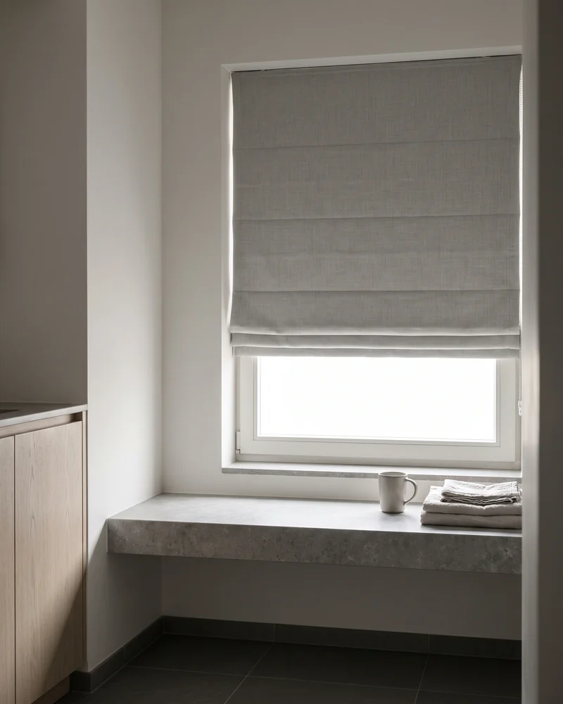 A pleated blind fitted to a bathroom window
