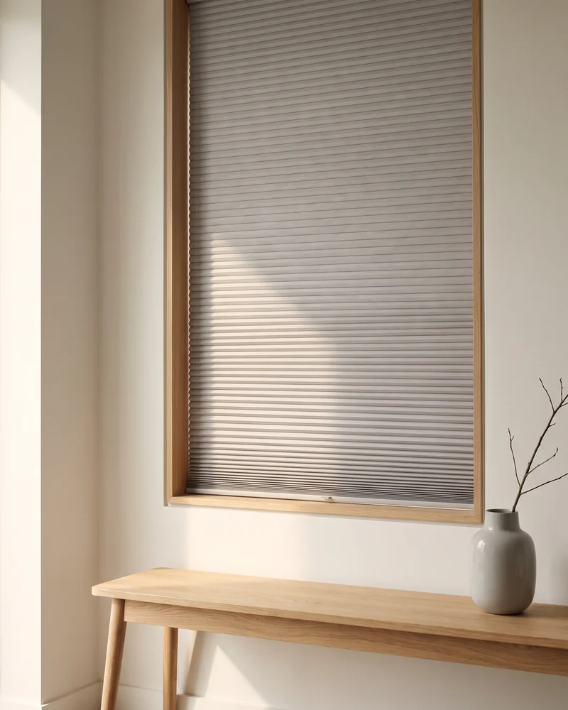 A pleated blind over a kitchen window