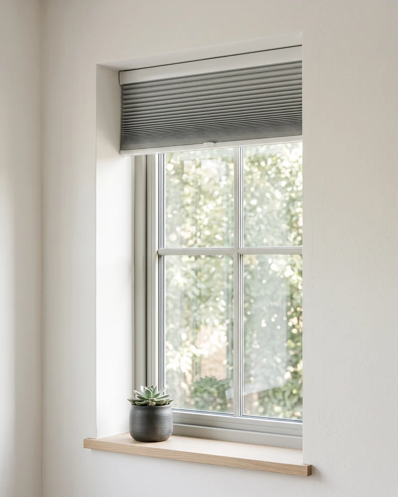 A pleated blind stacked tight against its headrail