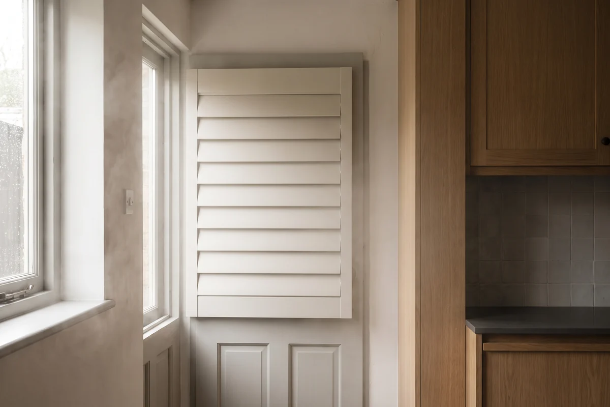 A seamless polymer louvre panel fitted over the glazed upper half of a laundry door