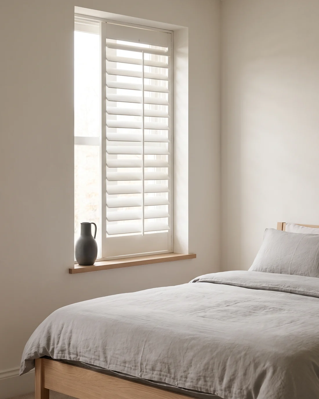 Shutter louvres tilted part-open on a bedroom window panel