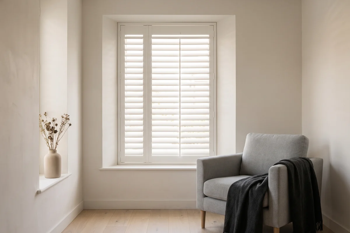 White polymer shutters fitted across a window reveal