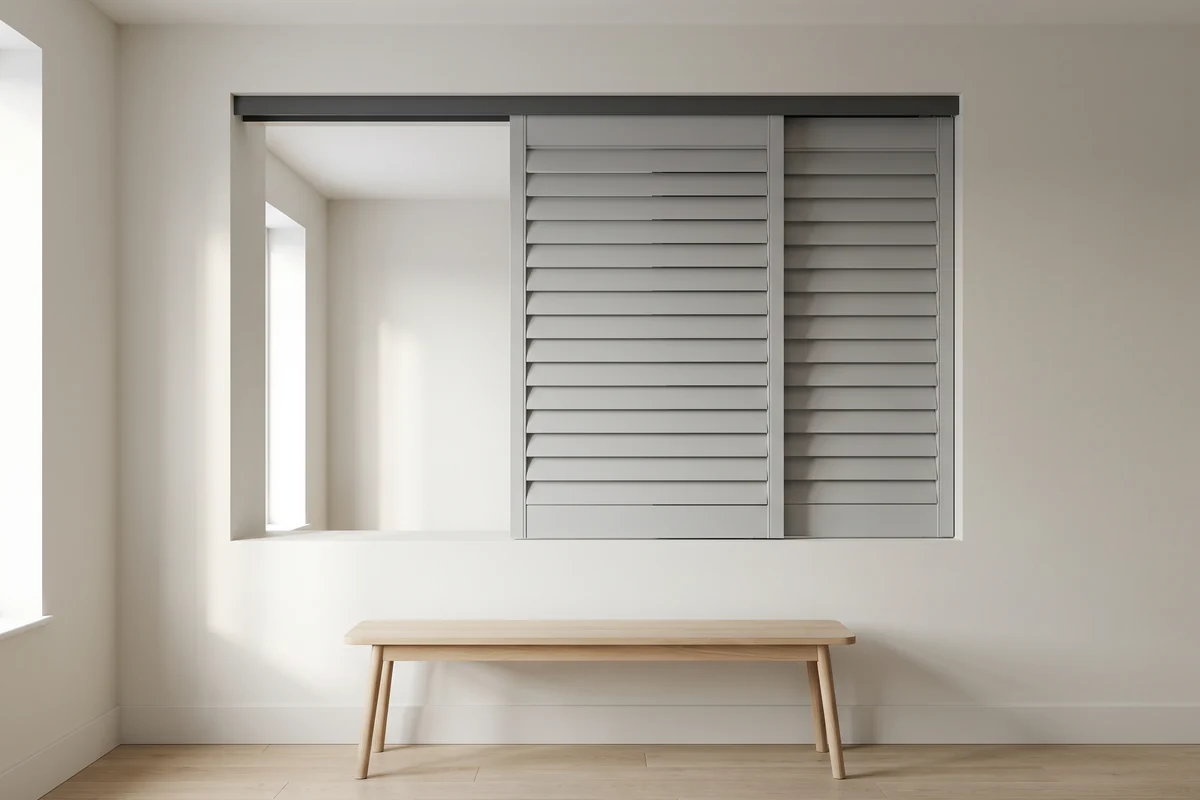 Polymer shutter panels sliding along a track across a wide opening