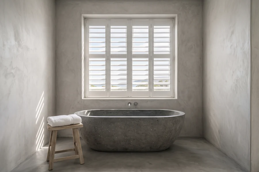 White polymer shutters fitted to a bathroom window above a stone bath