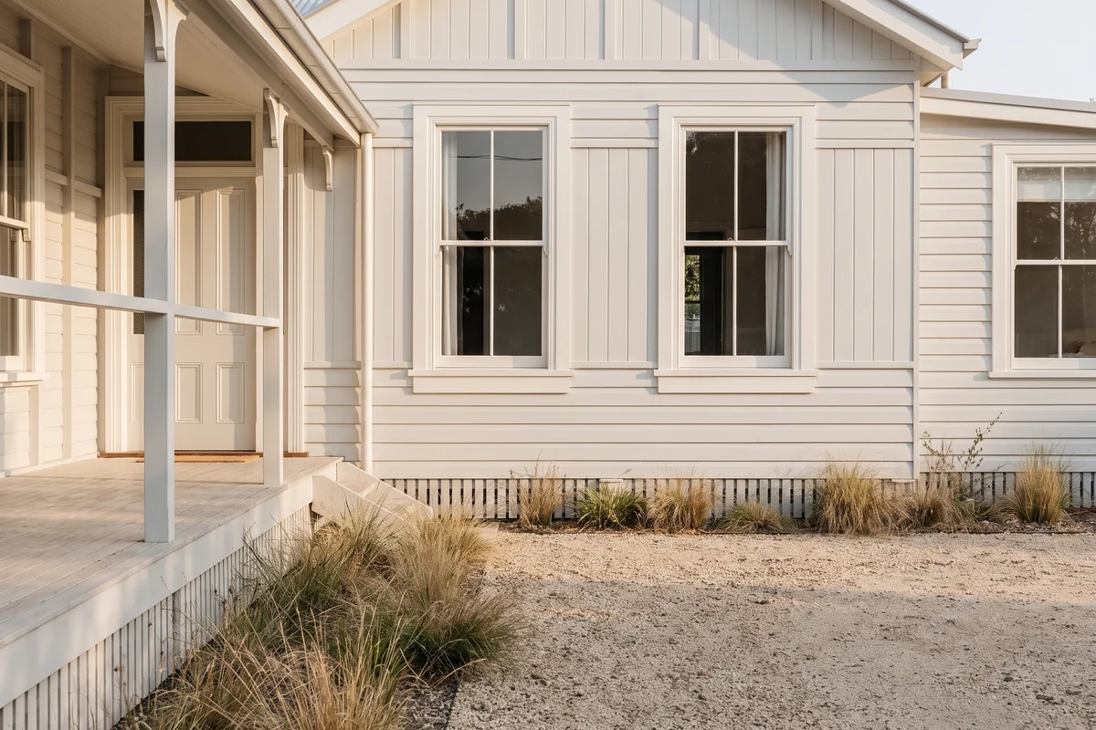 Timber-framed double-hung windows with wide architraves on a Queensland weatherboard house