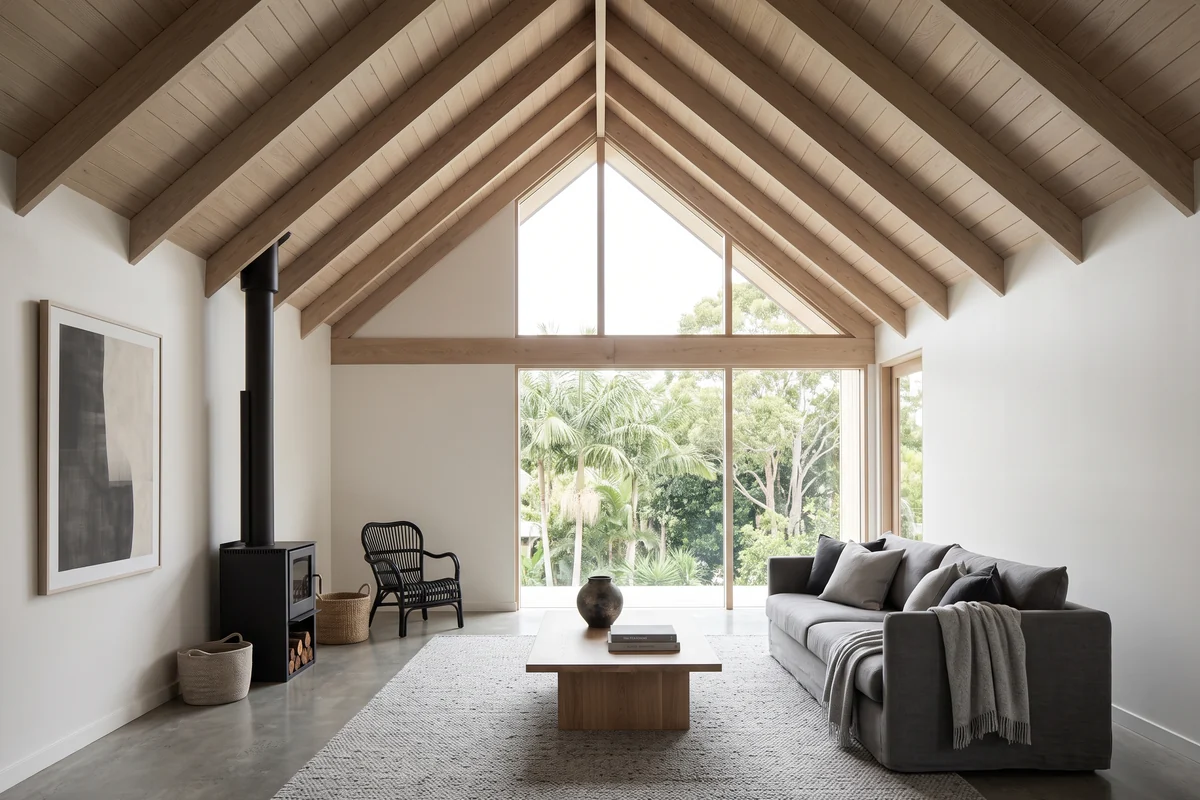 A Queensland living room with a raked ceiling and high windows
