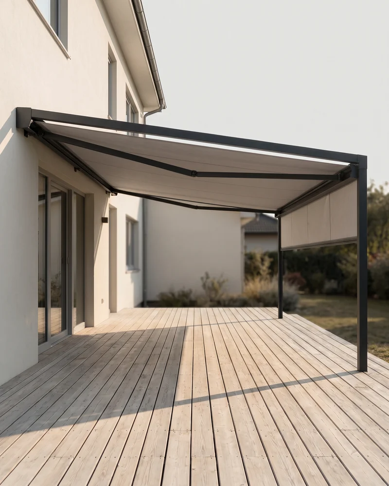 A retractable awning shading a deck
