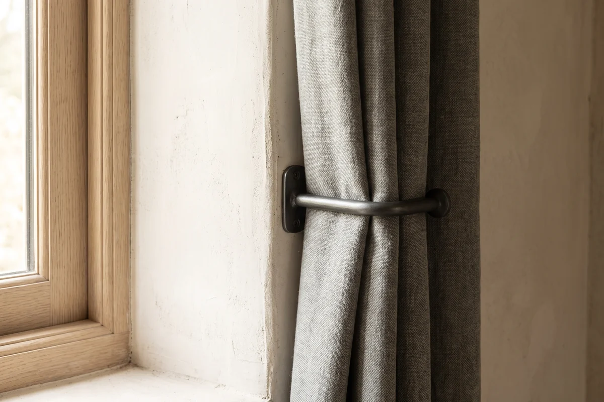 A floor-length curtain held back to one side of a window