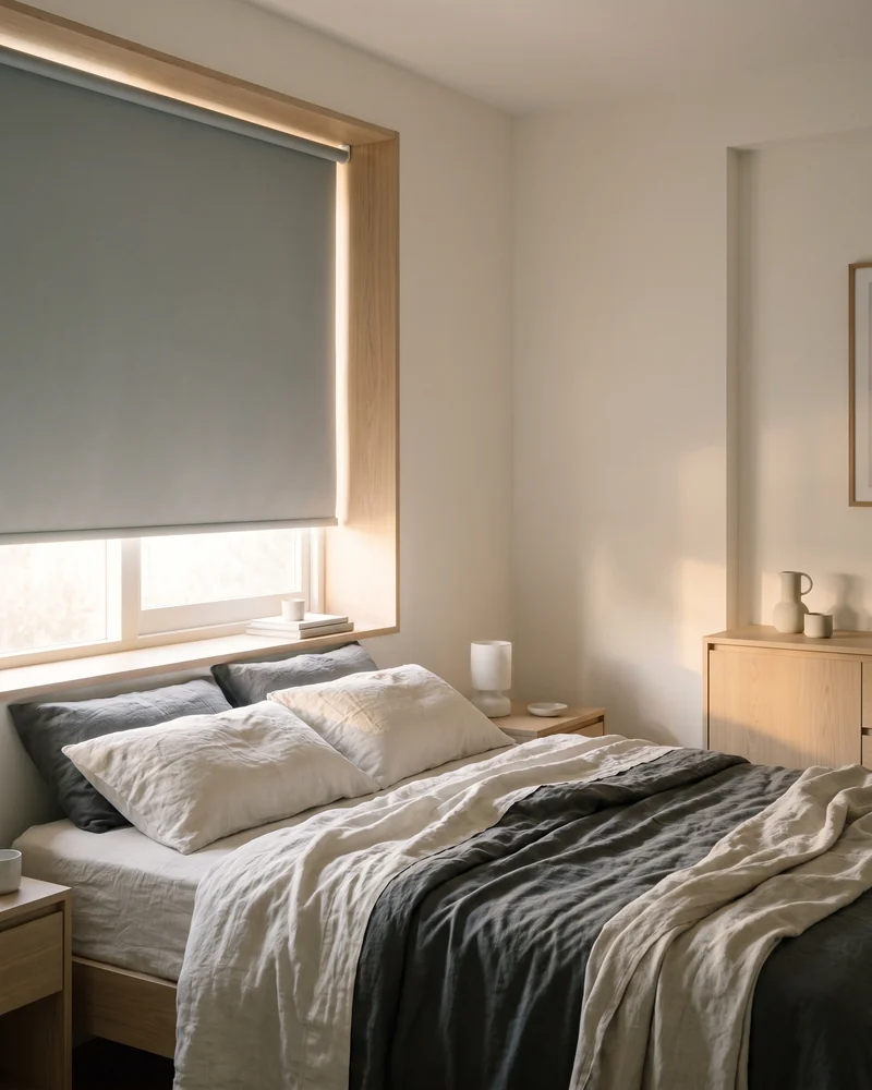Roller blind lowered to the sill in a bedroom with soft morning light